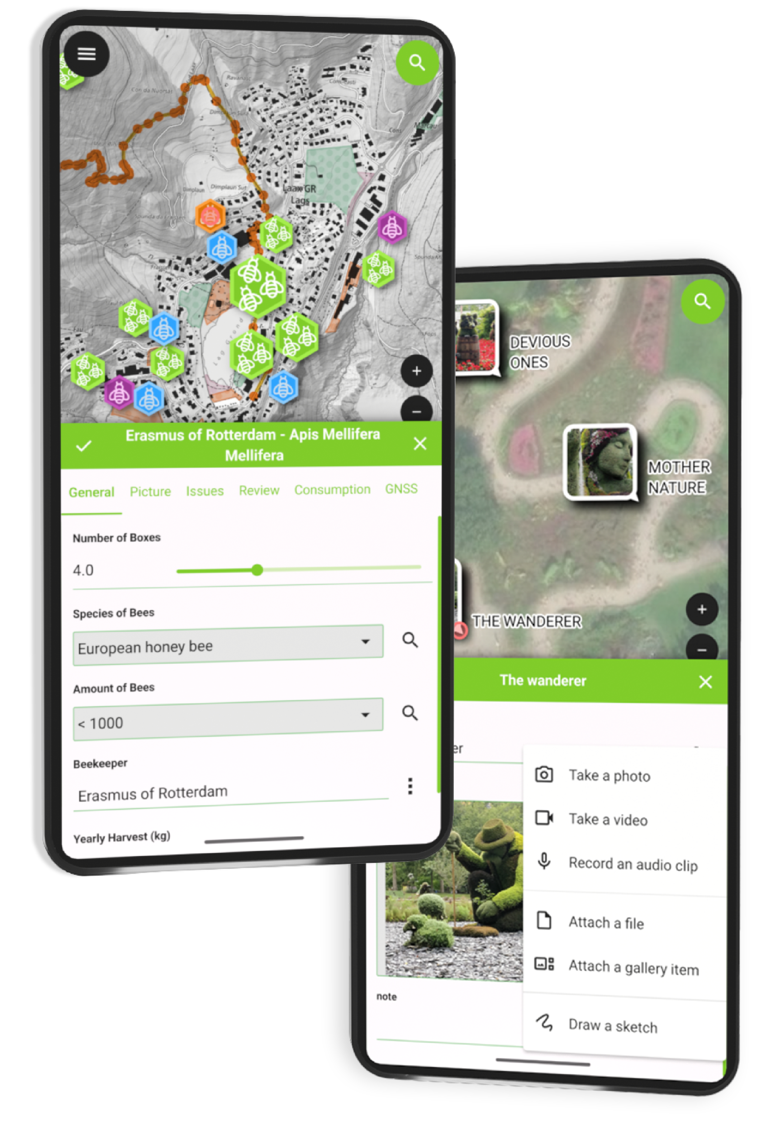 QField mobile app showing data collection tools
